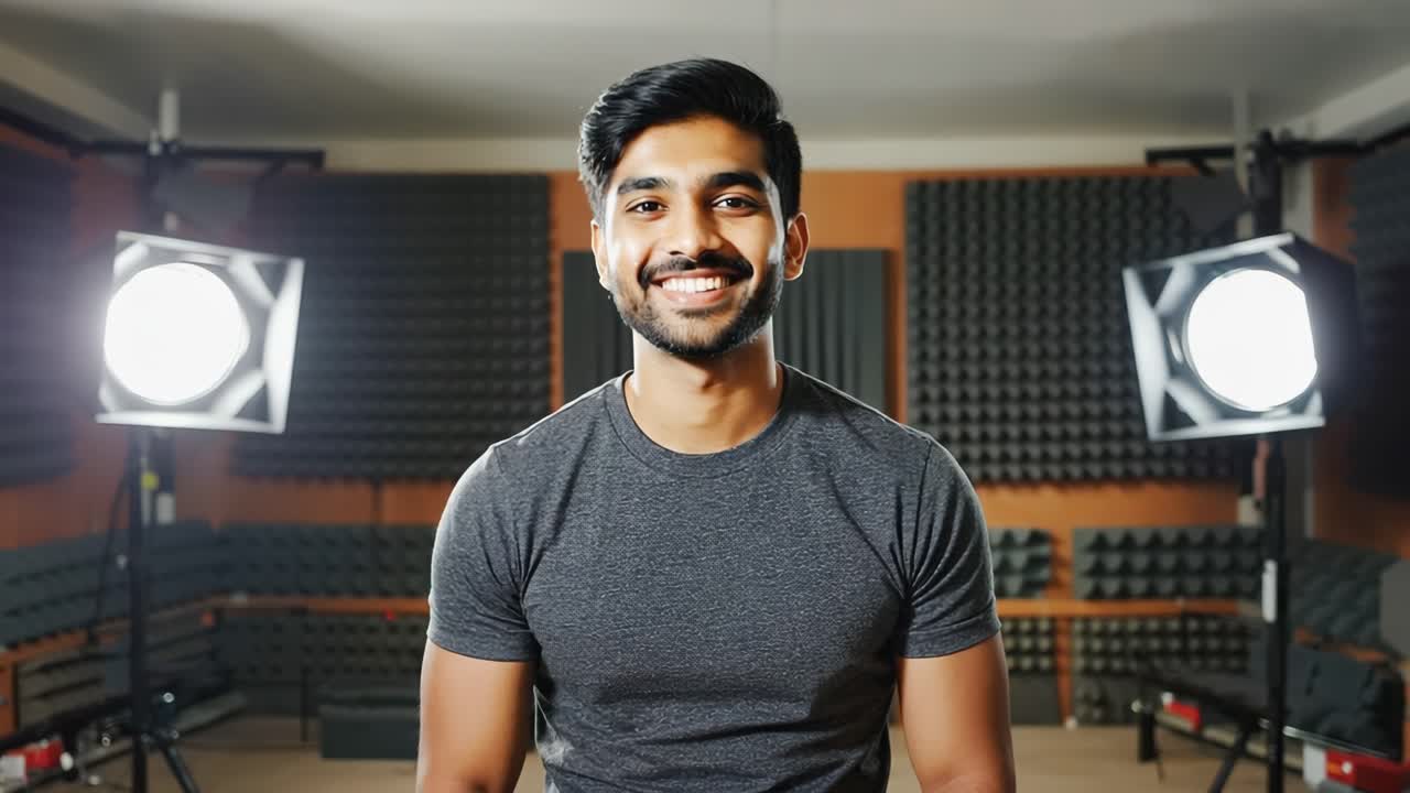 Portrait of a young male singer smiling brightly during a recording session in a professional music studio, surrounded by softboxes that create a warm, inviting atmosphere