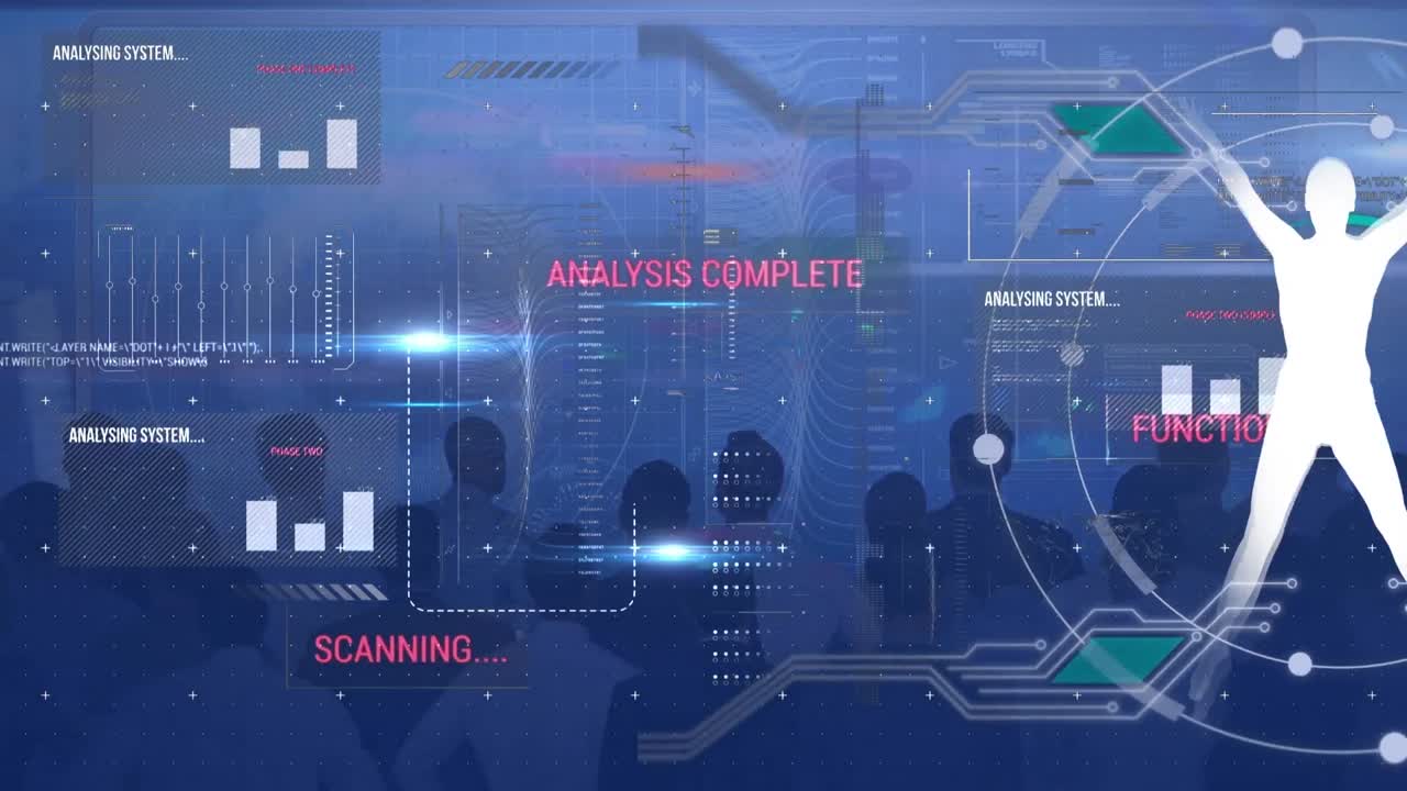 Animation of multiracial business team looking at data scanning with human icon on digital interface