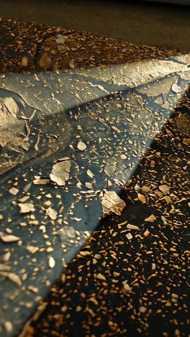 Vertical video: Catching triangular beam, panel showing gold flakes while camera moving near window