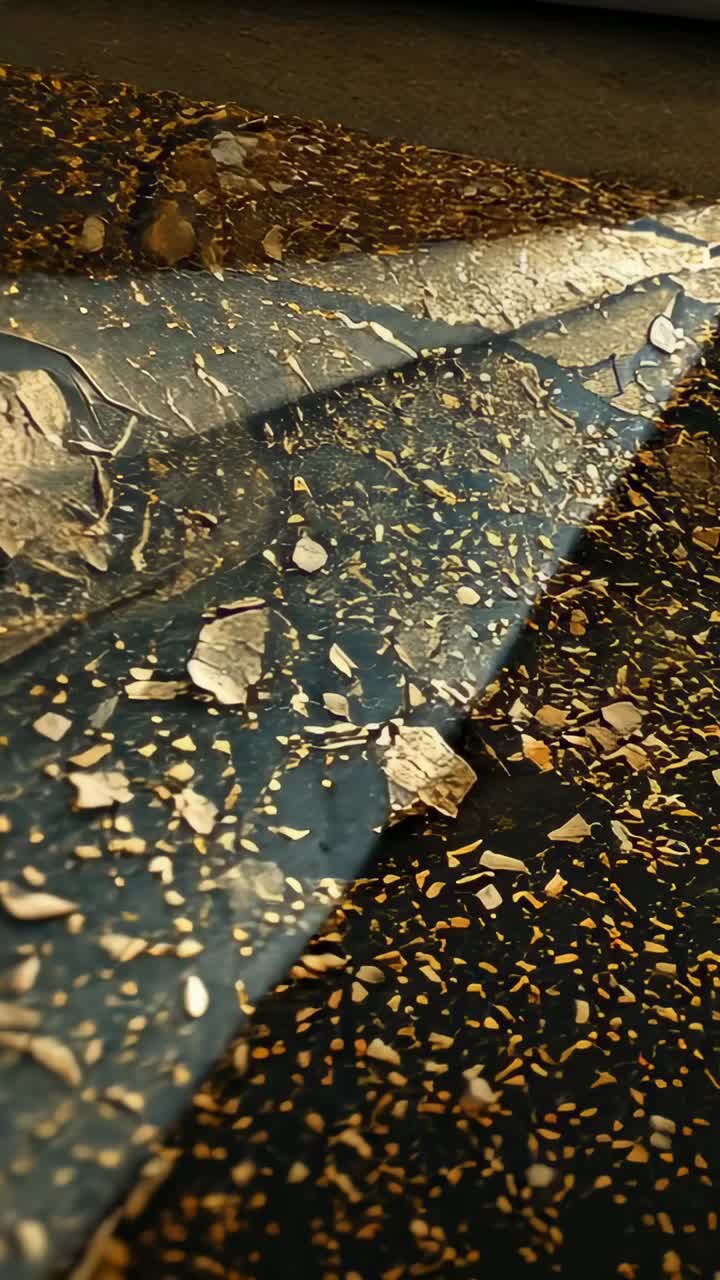 Vertical video: Catching triangular beam, panel showing gold flakes while camera moving near window
