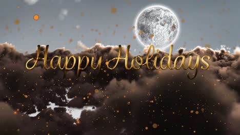 animation of happy holidays text over spots, moon and clouds in sky