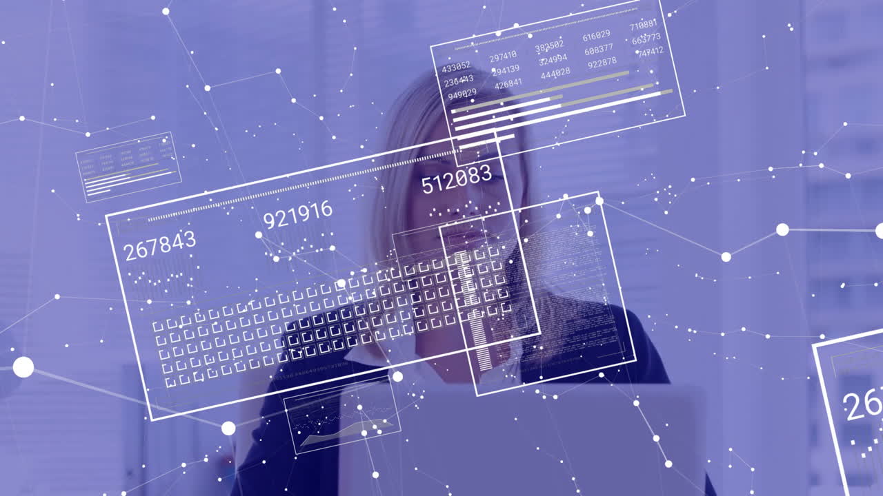 사무실에서 노트북을 사용하는 백인 사업가 여성에 대한 금융 데이터 처리 애니메이션