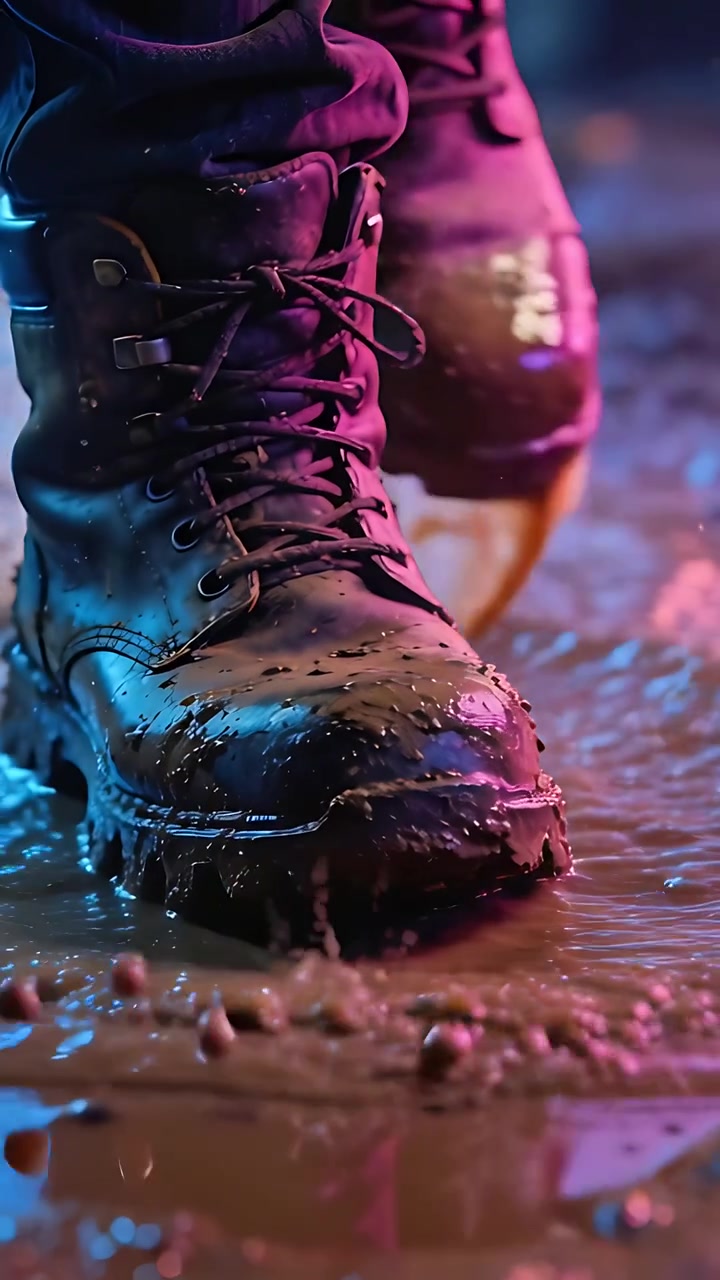 Video vertikal: Sepatu bot kulit menginjak dengan manset celana bergerak melalui genangan air di lantai yang terang, cahaya tepi