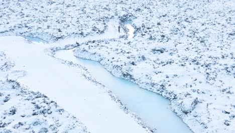 winter scenery in iceland with surface covered in snow at blue geothermal river