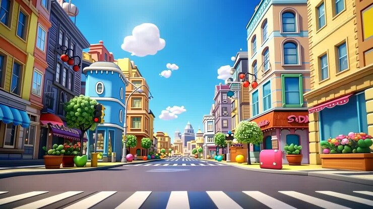 Rua colorida de cidade em desenhos animados com uma visão grande angular, edifícios vibrantes e design divertido, perfeita