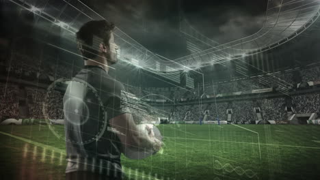 animation of data processing over rugby player during rugby match in sports stadium