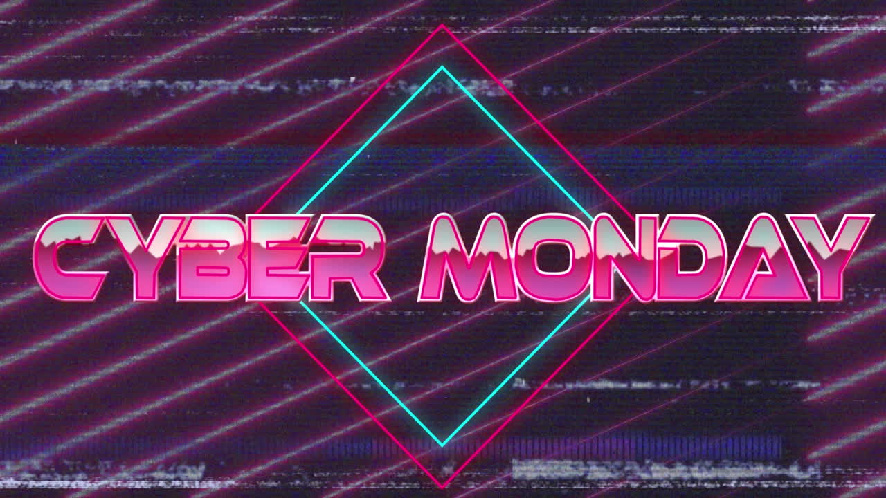 Animation of cyber monday text over lines and interference on black background
