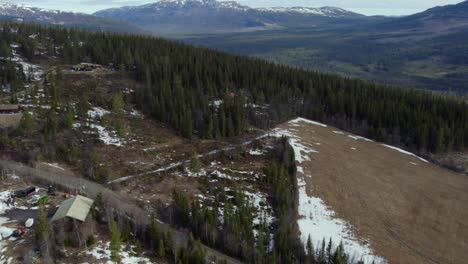 Aerial-view-over-highland-forest-with-a-some-snow,-spring-in-sunny-Uvdal,-Norway---rising,-drone-shot