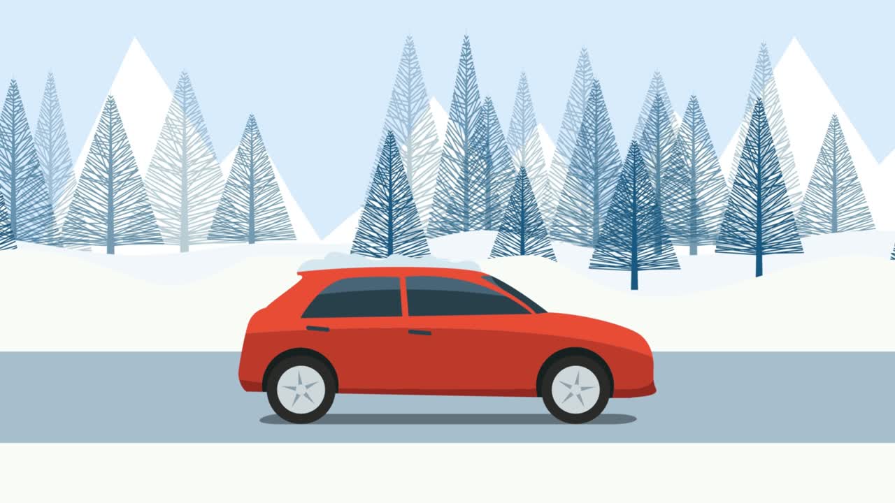 viaje en coche rojo en un camino de montaña nevado. coche de dibujos animados. imágenes en bucle 4k