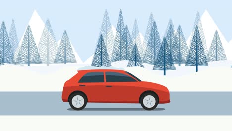 red car trip on a snowy mountain road. cartoon car. looping footage 4k