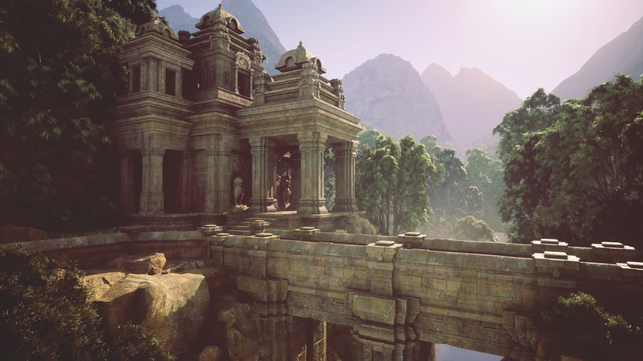 Ancient temple ruins surrounded by lush mountains in early morning light
