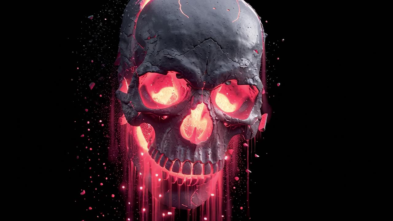Burning skull breaking apart on black background