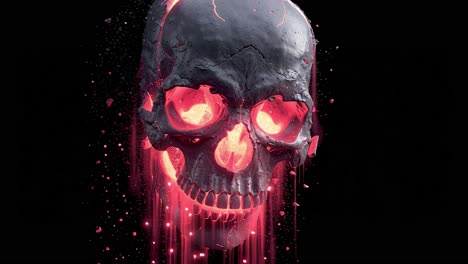 burning skull breaking apart on black background
