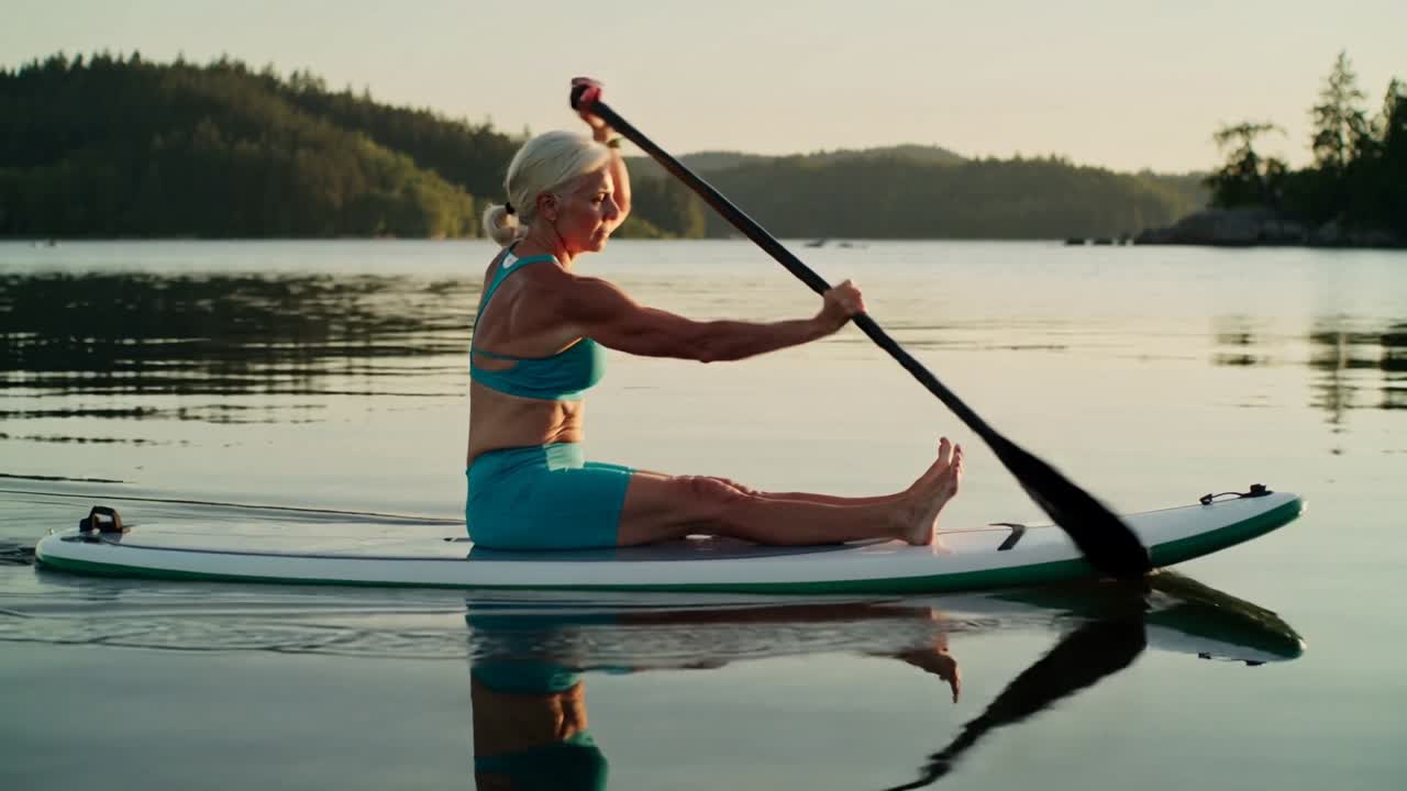 Paddelnde ältere Frau trainiert auf einem Paddleboard auf ruhigem See zur goldenen Stunde, trägt ein türkises Set.