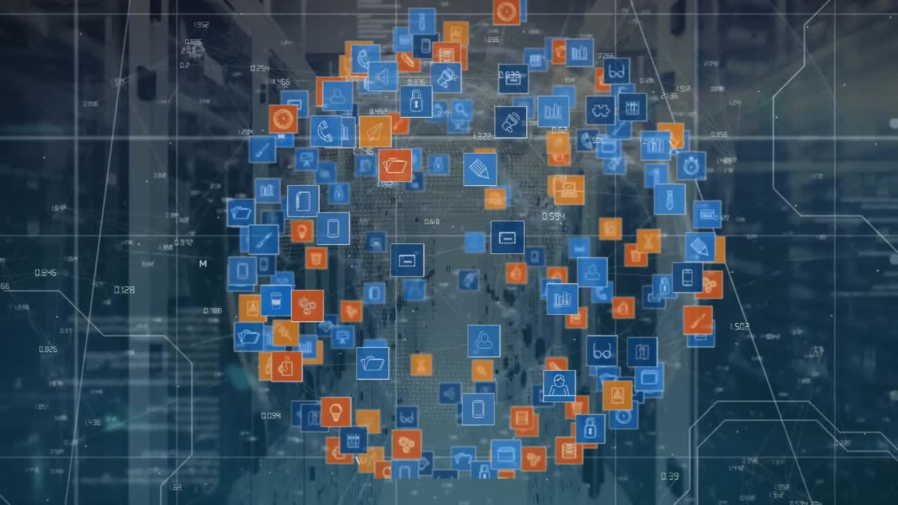 animación del procesamiento de datos y los iconos de los medios en la sala del servidor