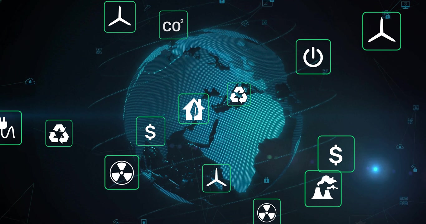 Digital globe rotating then revealing orbiting energy icons around it, showing energy network