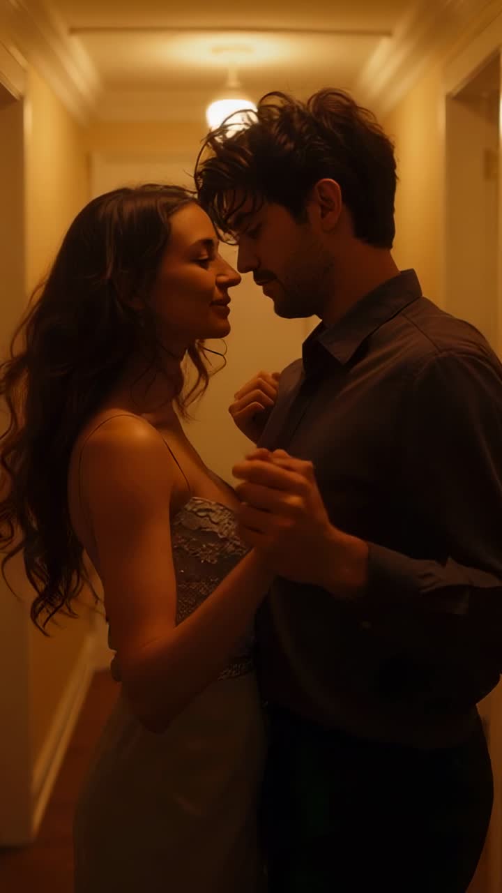 Vertical video: Hand-holding couple swaying in narrow hotel hallway, leaning into kiss, dress seen