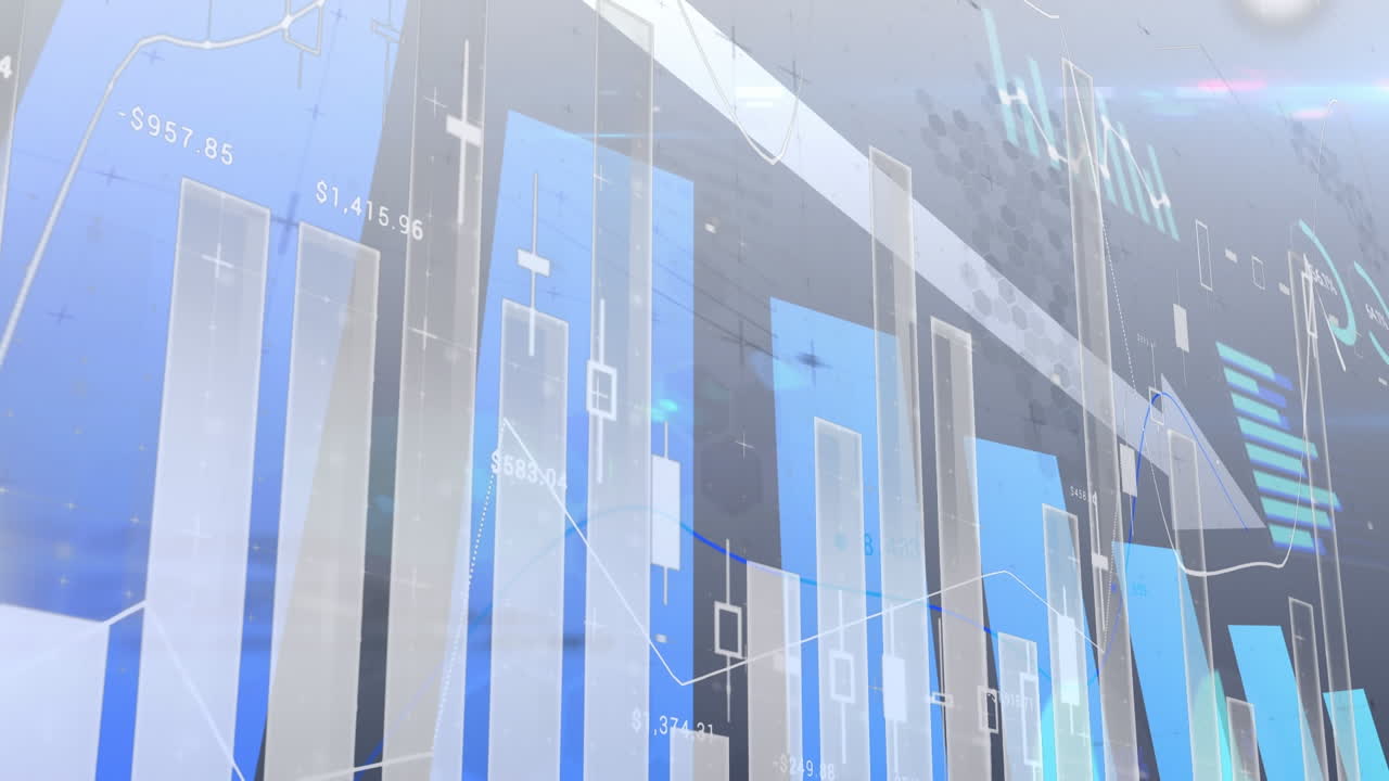 Animation of financial data processing on blue background