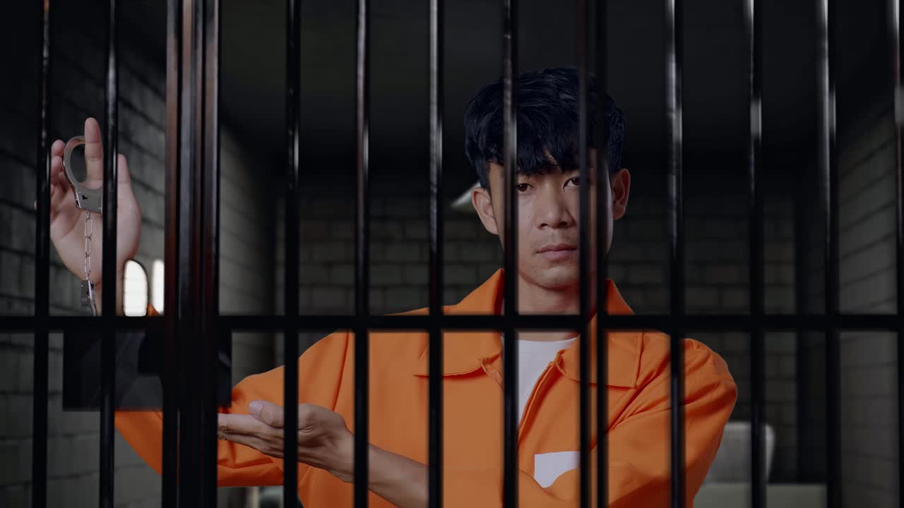 Close Up Of Asian Male Prisoner Standing In Prison, Showing Handcuffs And Pointing To Them