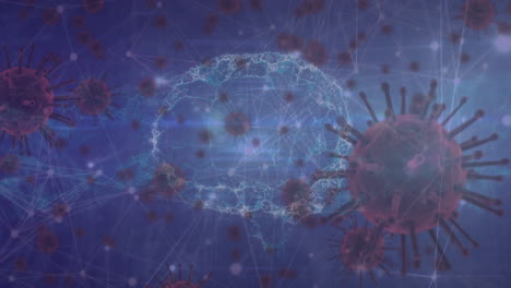 animación de las células de covid 19 con el cerebro humano girando