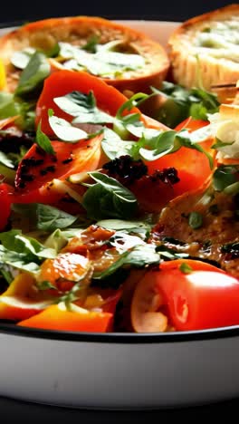 fresh salad with grilled vegetables and bread on a dark table