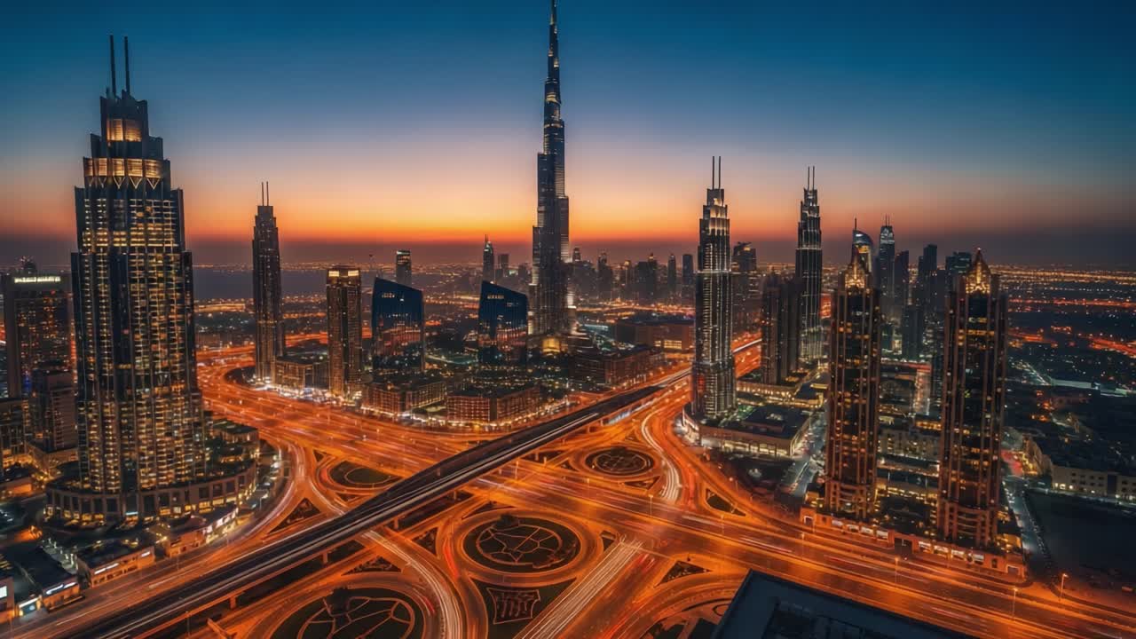 Dubai Cityscape at Night with Burj Khalifa and Illuminated Highways