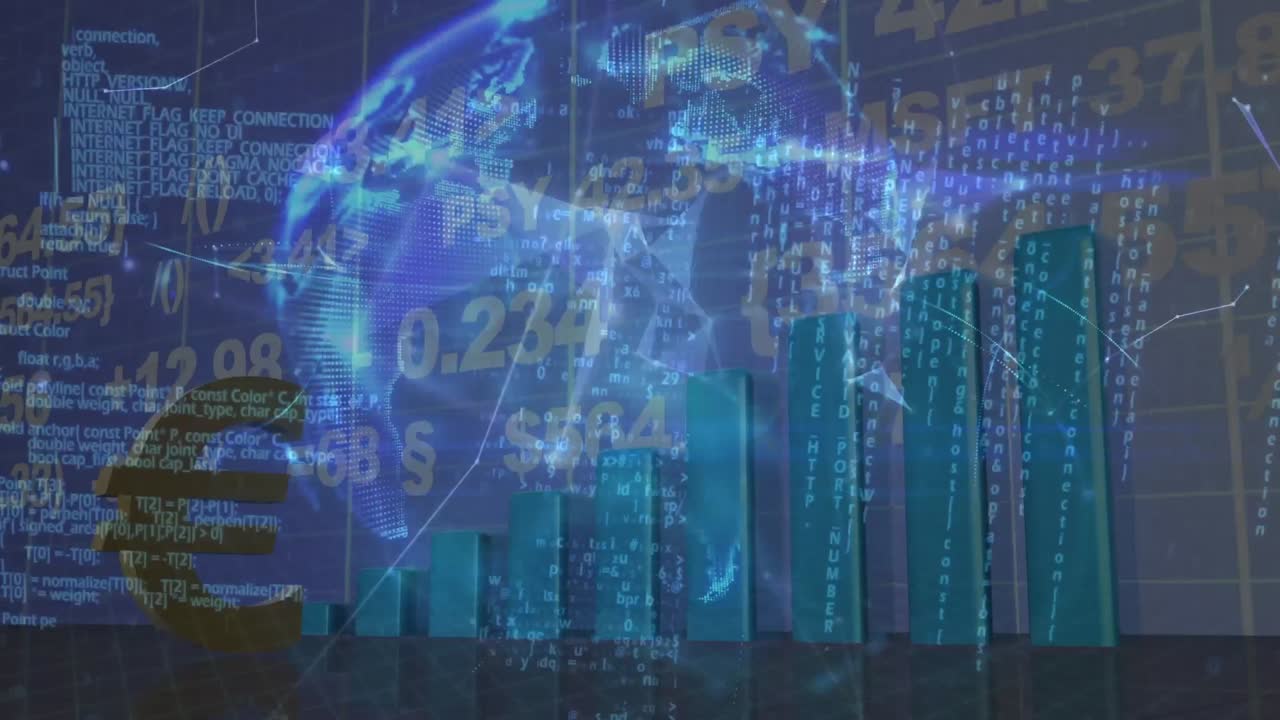 animación del símbolo del euro giratorio sobre datos financieros, gráficos y globo