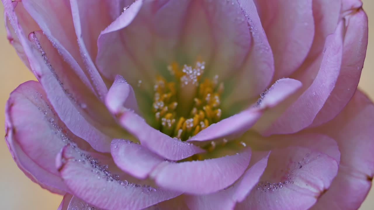 Close-up video of a purple flower with dewdrops, captured from a slightly tilted angle