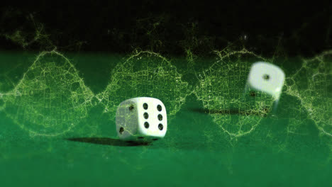 animación de una cadena de adn giratoria sobre los dados en la mesa de juego