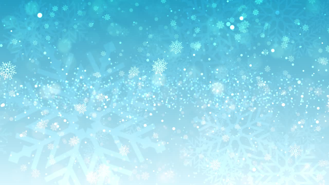 White snowflake particles rise against a soft blue backdrop creating a magical winter ambiance for