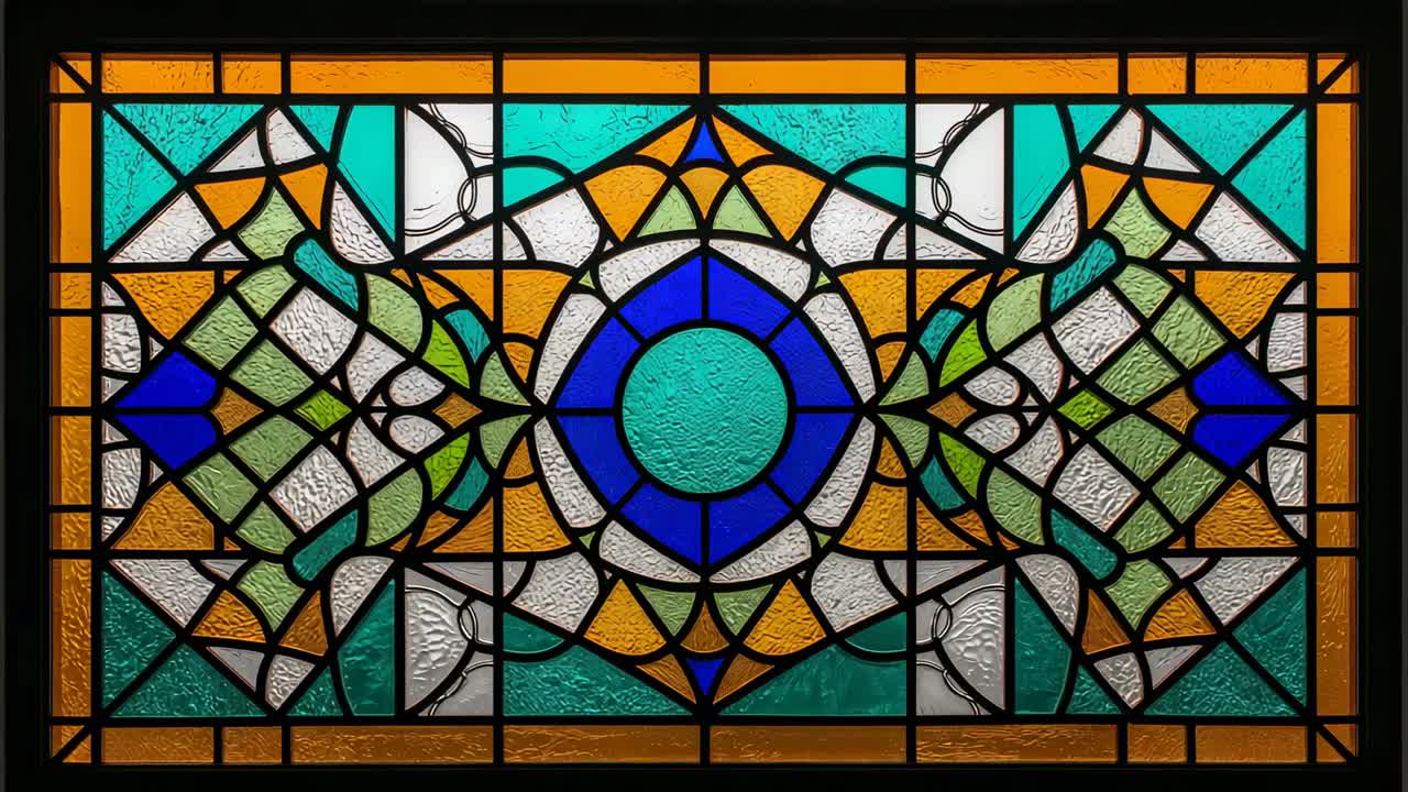 Exibição de vitral montado em moldura preta sobre parede branca, destacando o design geométrico
