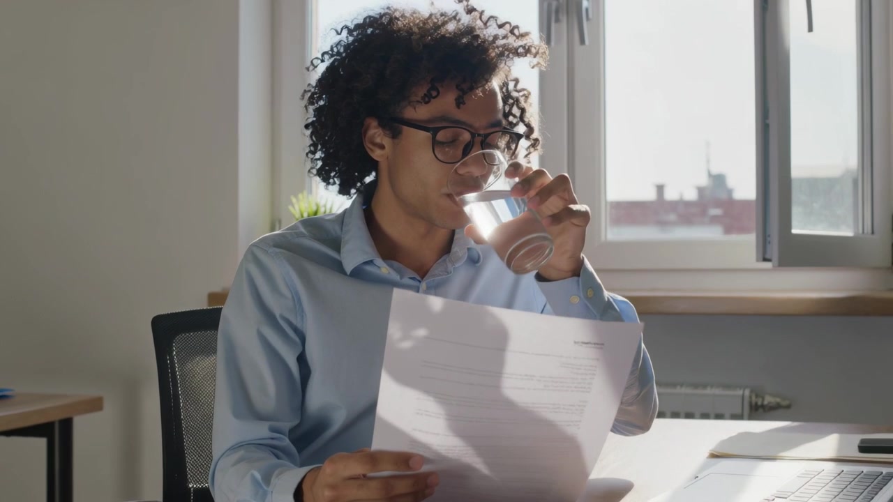 Uomo con camicia blu che scansiona un documento, si allunga e beve acqua alla scrivania con un laptop vicino alla finestra.