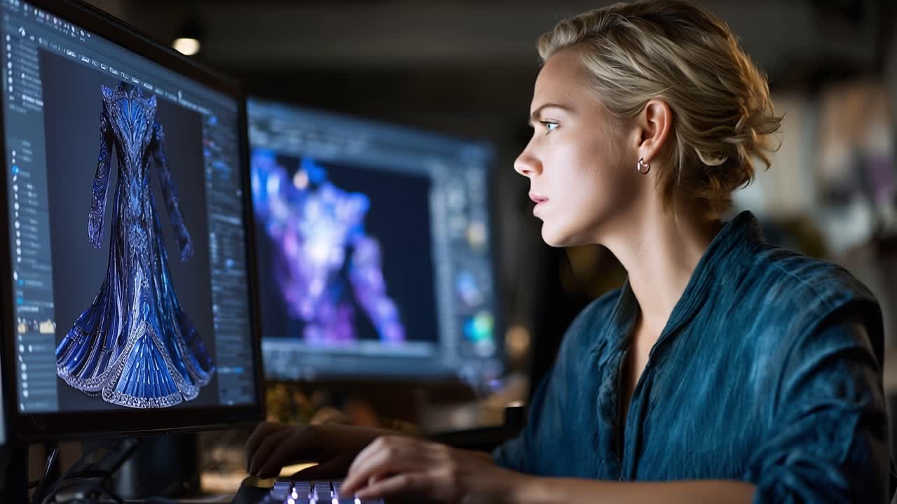 Young artist focuses on digital design. Blue gown glows on screen beside creature model. Studio lights dim, spotlight highlights her concentration. She types, eyes fixed on intricate visuals