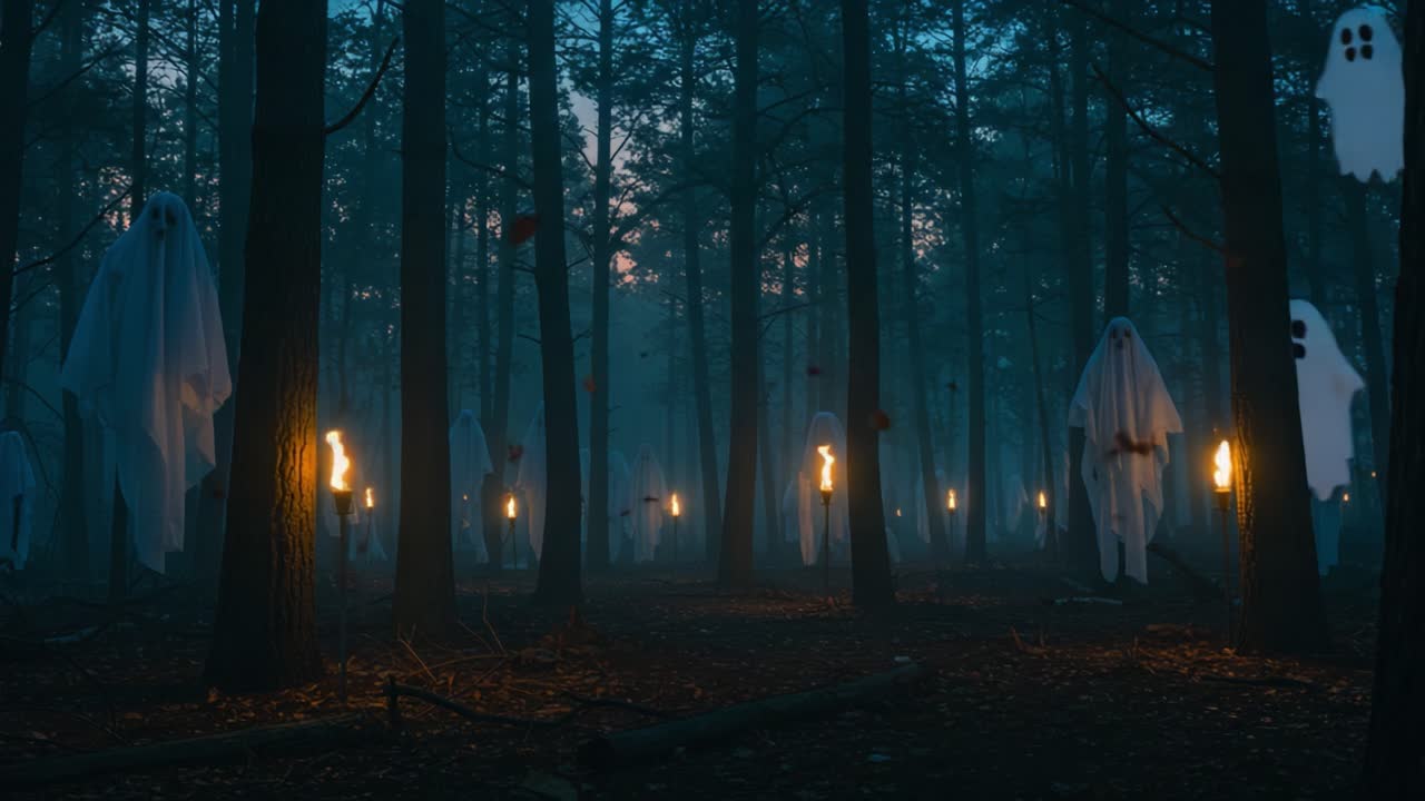 Eerie Enchantment in a Haunted Forest: Ghostly Apparitions Illuminated by Flickering Flames Amidst the Shadows and Mist of Twilight