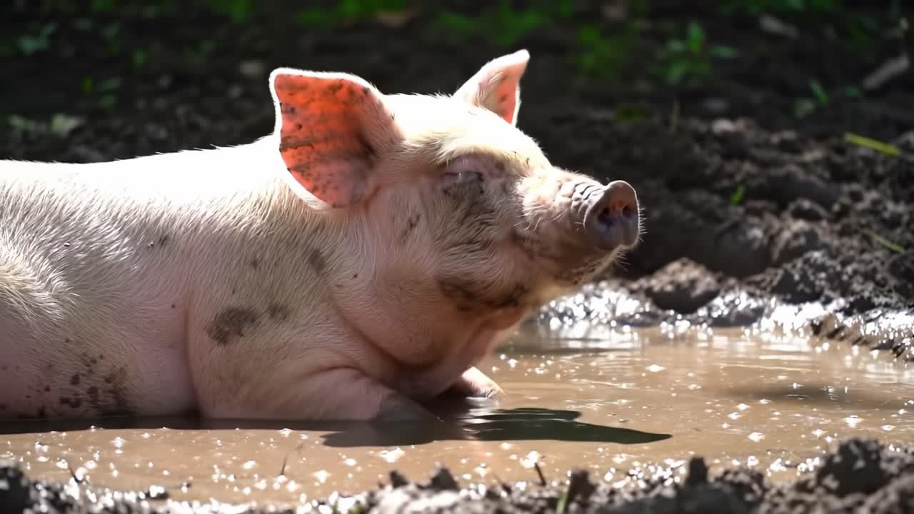 Relaxing in the Mud: A Content Pig Enjoys a Peaceful Moment in a Puddle Surrounded by Nature, Embracing the Simple Joys of Life on a Farm