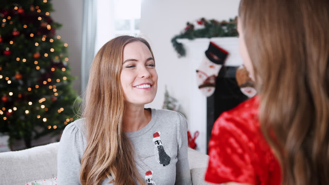 흥분 된 어머니 는 집 에서 딸 에게서 크리스마스 선물 을 받는다