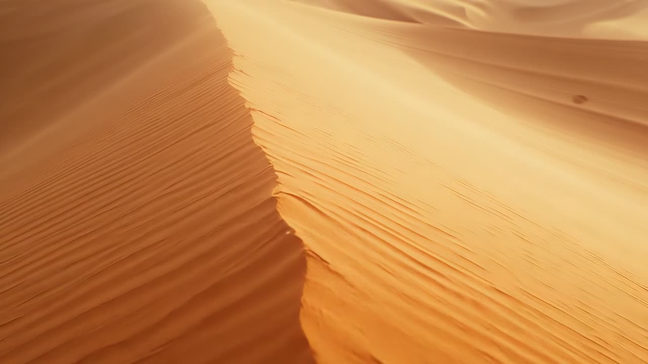 Revealing sand dune ridge shedding sand under breeze as camera gliding along sunlit desert crest