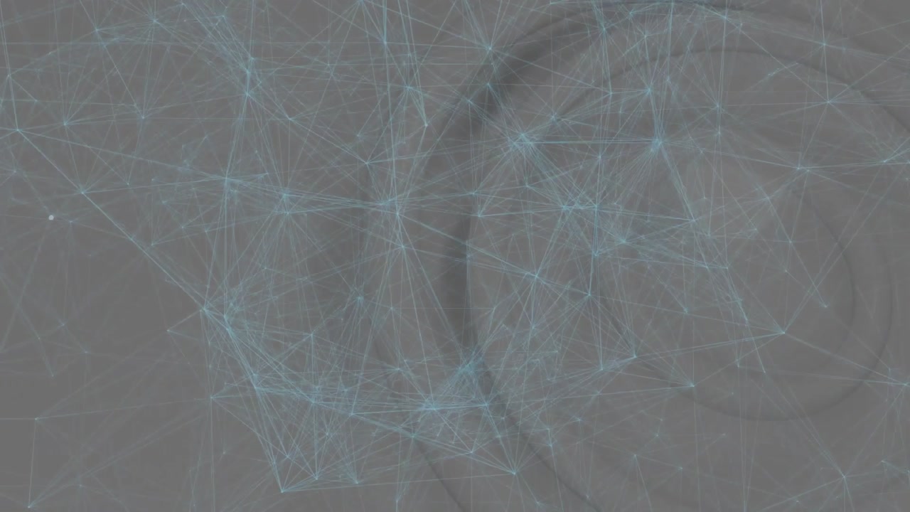 Displaying abstract network with glowing blue nodes connecting neon lines on gray with wave rings