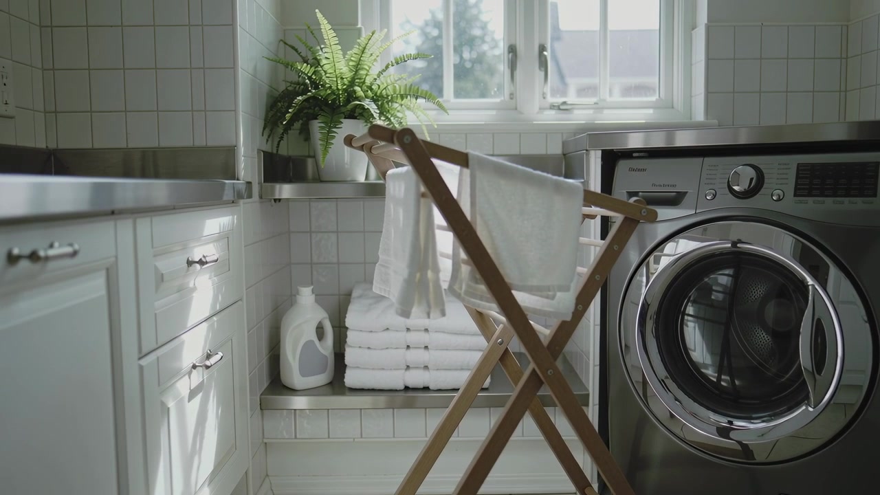 When clip starts camera panning toward drying rack in laundry, highlighting washer and towels
