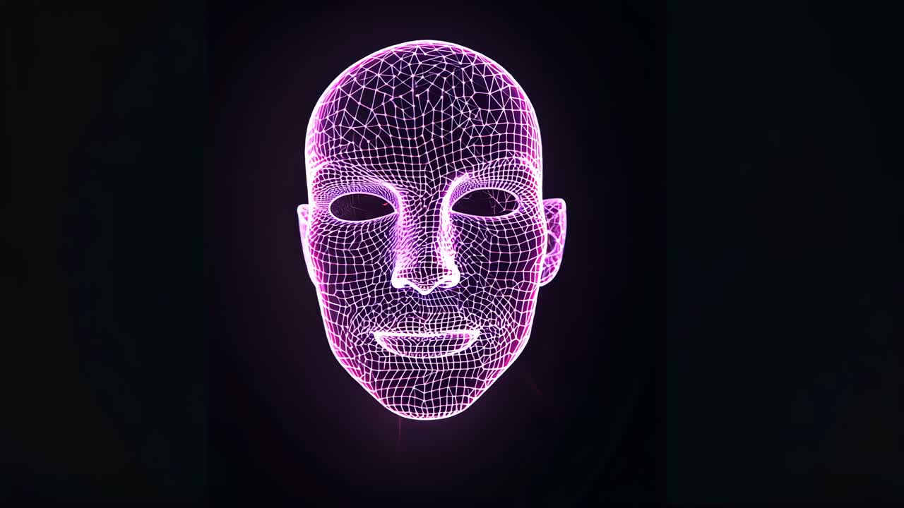Emerging 3D wireframe head model revealing neon triangular mesh while pivoting against black void