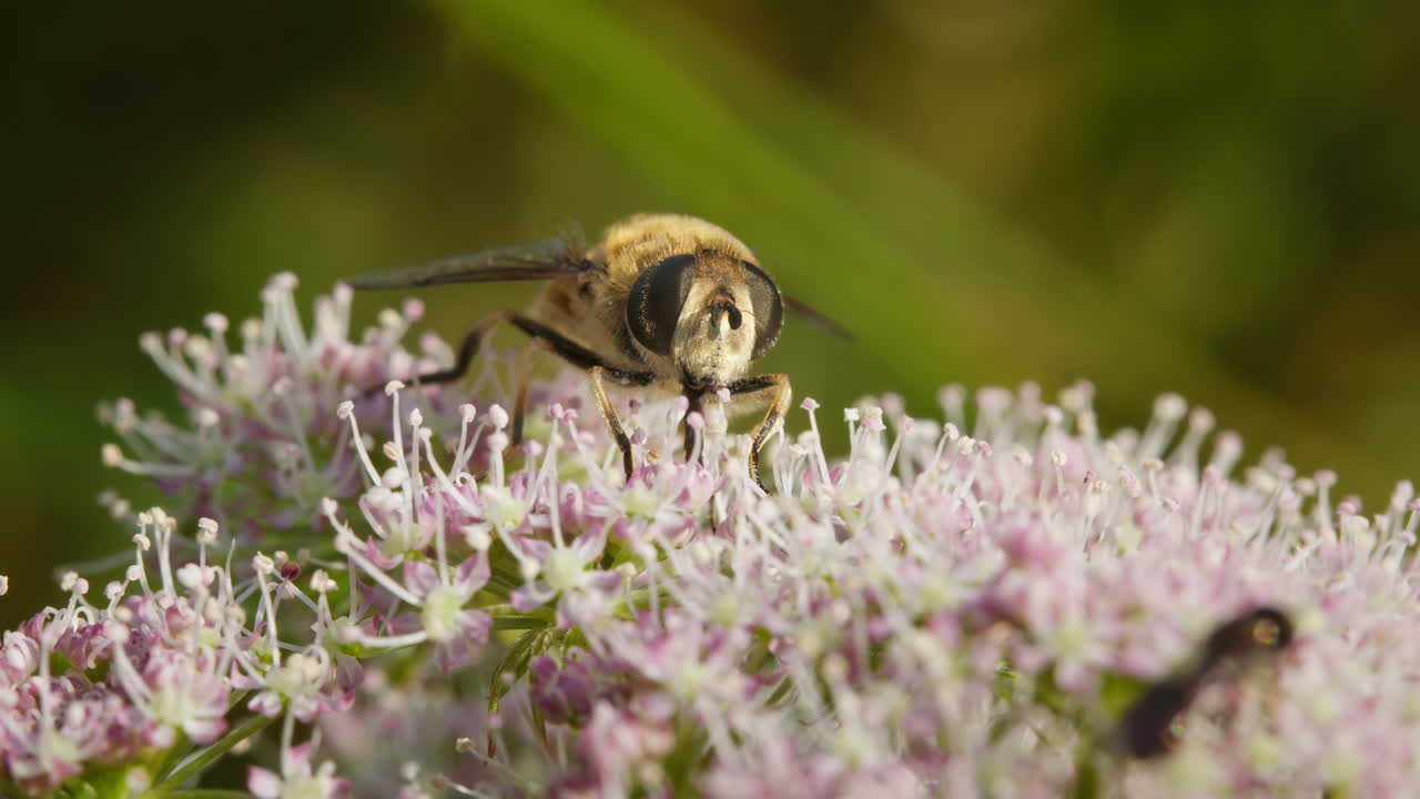 Drone fly on Angelica flower, taking nectar in summer using its proboscis. Eristalis tenax, common drone fly, hover fly, hoverfly. Macro wildlife.