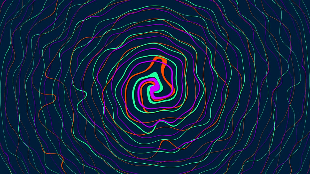 Spiral curves of lines of different colors, diverging from each other in circles