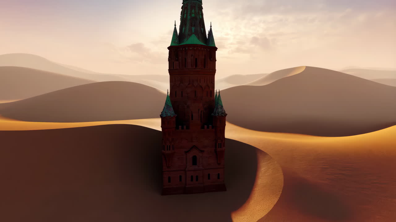 Uma estrutura imponente emerge das areias douradas de um vasto deserto ao nascer do sol