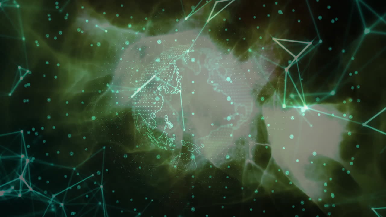 Glowing globe surrounded by digital network connections and data points in animation