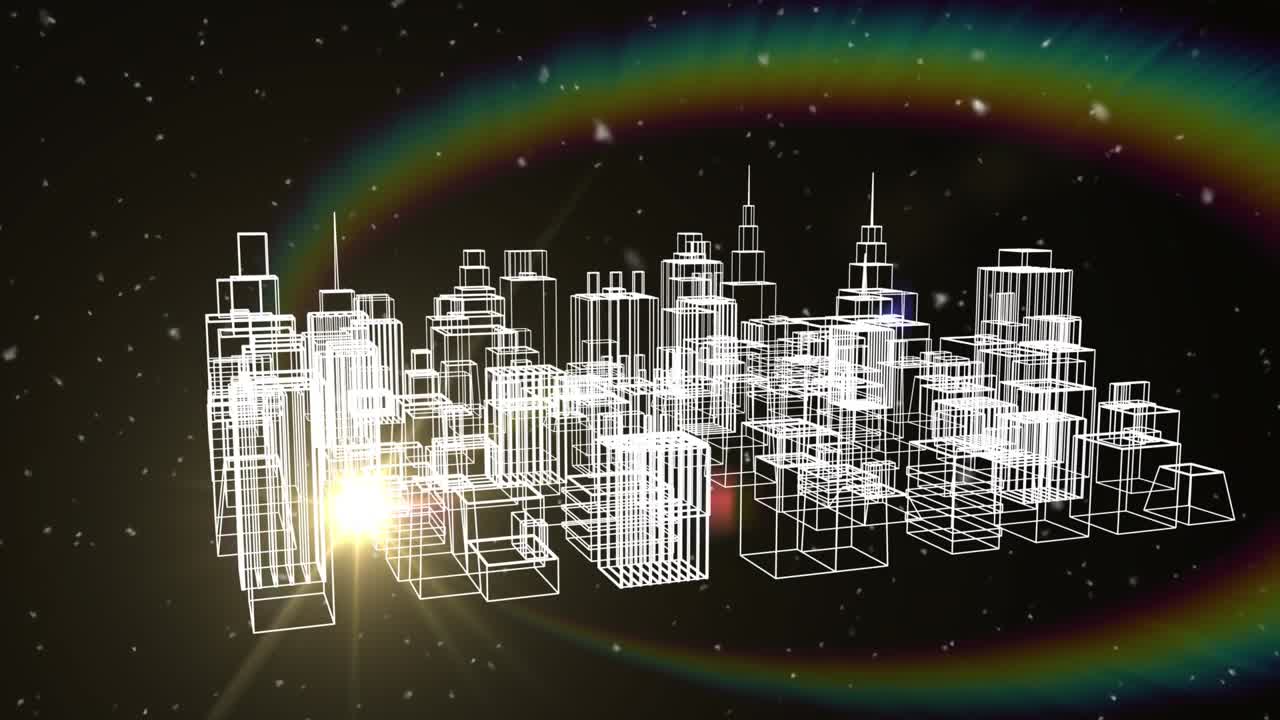 Animation af by og pletter på sort baggrund
