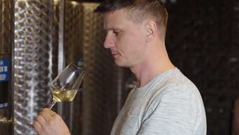 winemaker examining and tasting white wine in stainless steel tanks cellar