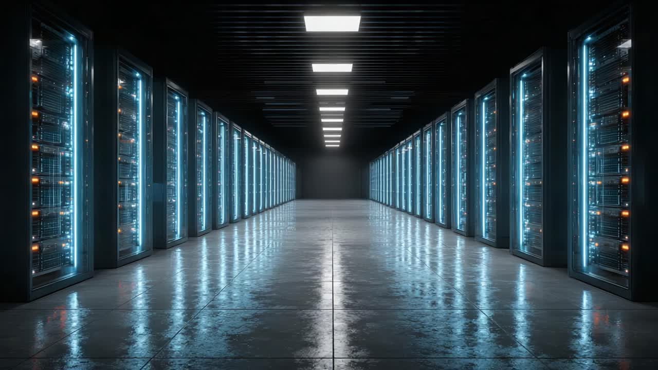 Et moderne datacentrum med belyste server racks, der fremviser avanceret teknologi og effektivt design i et elegant, reflekterende miljø