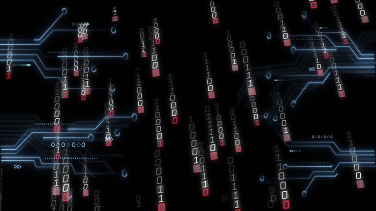 Animation of binary coding and data processing on black background