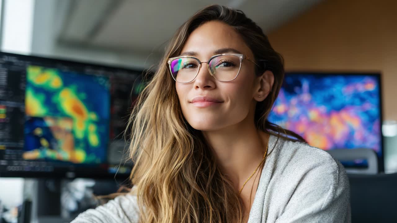 A confident young woman with glasses and long hair, sitting in a modern workspace, smiling calmly amidst colorful data visualizations on dual computer monitors, showcasing technology and innovation