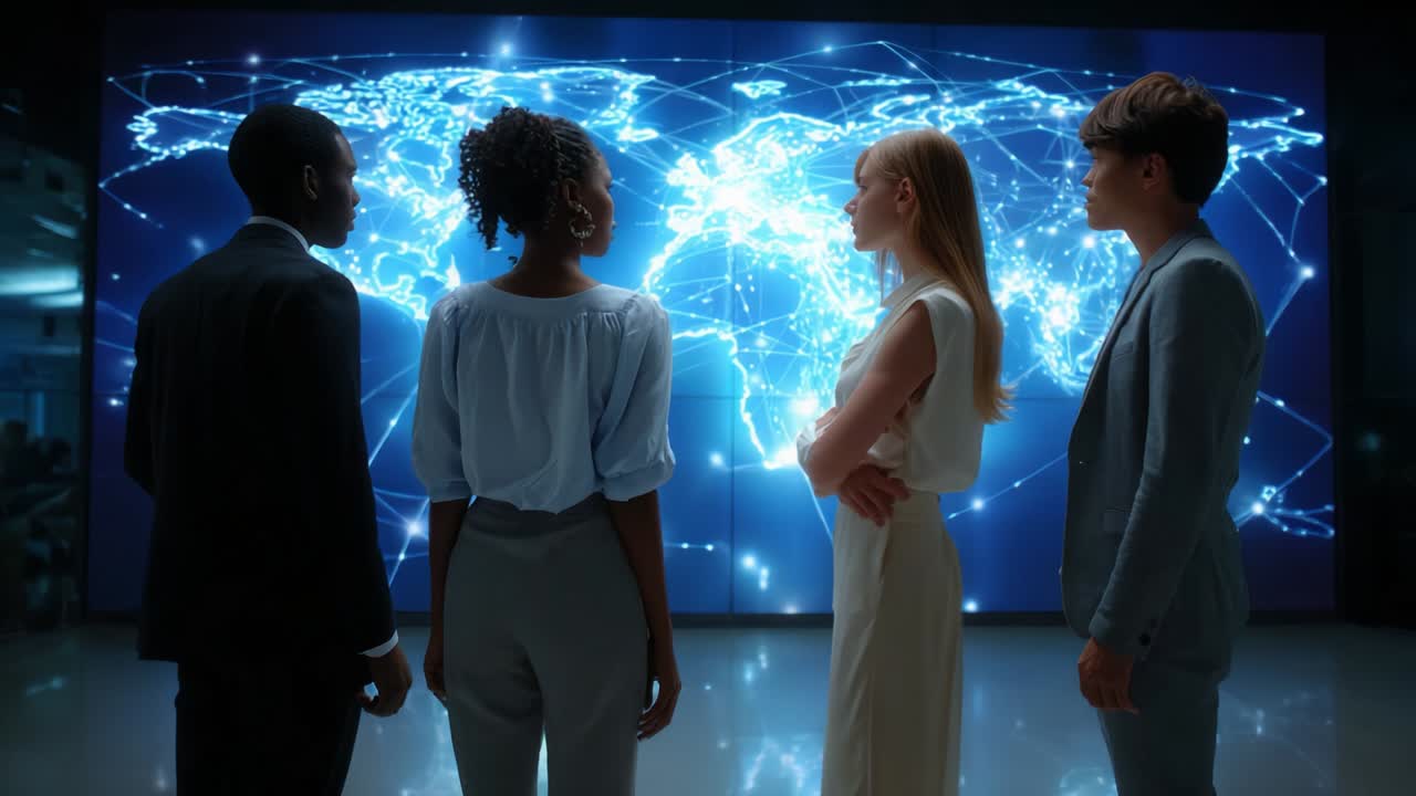 Business team analyzing global network data visualization